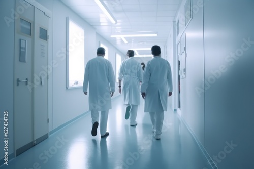 Doctors walking down hospital corridor, medical background concept generative ai
