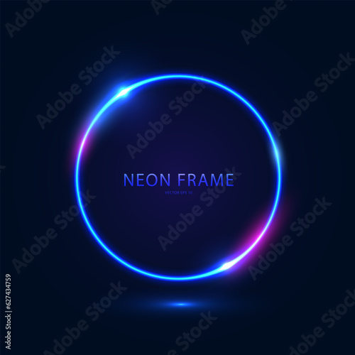 Neon round frame with lights on a dark blue background. Abstract futuristic geometric neon light background. Vector illustration.