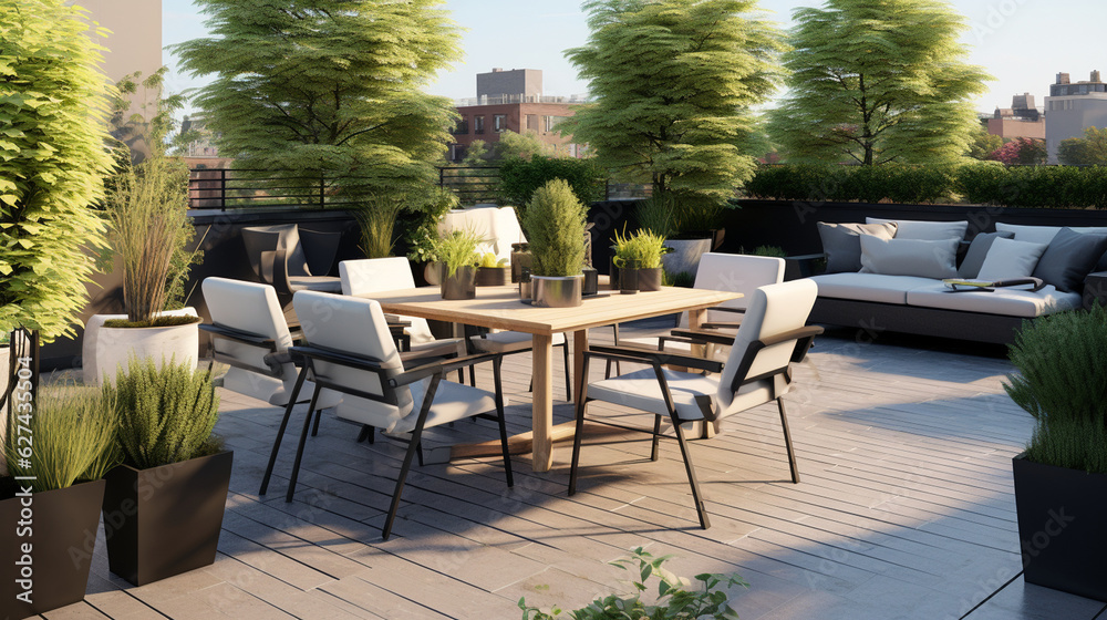 A modern rooftop garden with sleek outdoor furniture, contemporary planters, and stylish garden decor Generative AI