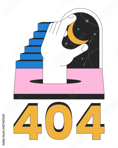 Fantasy surreal night error 404 flash message. Staircase crescent. Hand holding moon. Empty state ui design. Page not found popup cartoon image. Vector flat illustration concept on white background