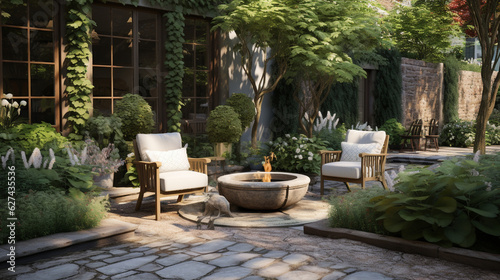 A cozy courtyard garden with a bubbling fountain, comfortable seating, and inviting garden decor Generative AI