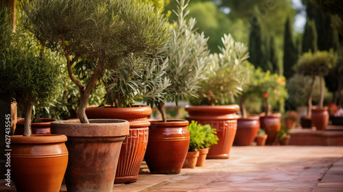 A Mediterranean-inspired garden with terracotta pots, olive trees, and Mediterranean garden decor Generative AI