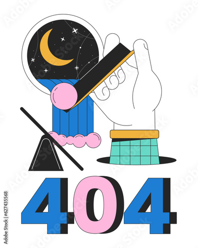 Surreal esoteric error 404 flash message. Drop ball on balance plank. Waterfall window. Empty state ui design. Page not found popup cartoon image. Vector flat illustration concept on white background