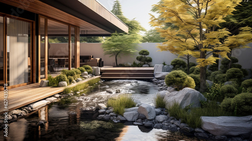 A modern Japanese garden with clean lines, bamboo accents, and contemporary garden decor Generative AI