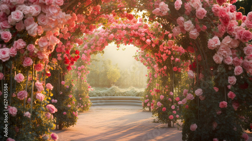 Canvas Print A romantic rose garden filled with blooming roses, romantic archways, and romant