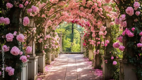 Fotografia A romantic rose garden filled with blooming roses, romantic archways, and romant