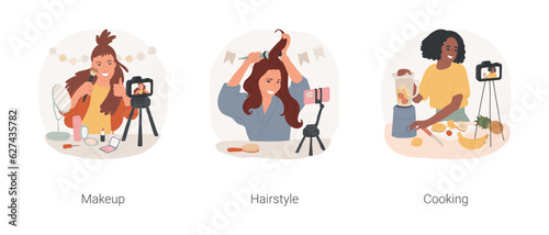 Video tutorials isolated cartoon vector illustration set. Cheerful teenage girl recording makeup tutorial, giving styling tips on vlog, food blogger filming cooking classes vector cartoon.