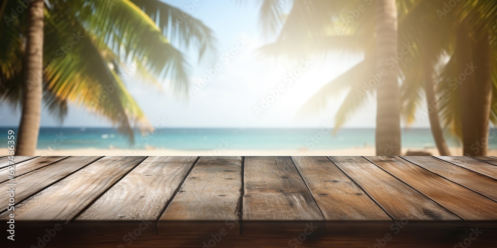 AI Generated. AI Generative. Empty wooden table mockup vacation palms. Graphic Art AI Generated. AI Generative. Empty wooden table mockup vacation palms. Graphic Art