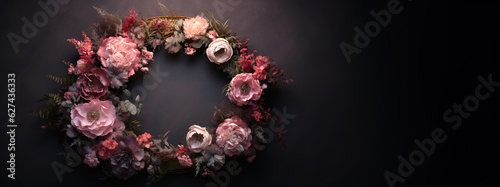 Generative AI  Close up wreath  blooming flowerbeds of amazing pink flowers on dark moody floral textured background.