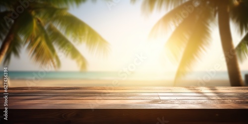 AI Generated. AI Generative. Empty wooden table mockup vacation palms. Graphic Art © AkimD