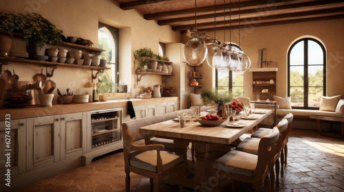 A kitchen-dining room combo with a long table and statement lighting, in the style of farmhouse rustic, warm neutrals, Italian countryside inspiration. Generative AI