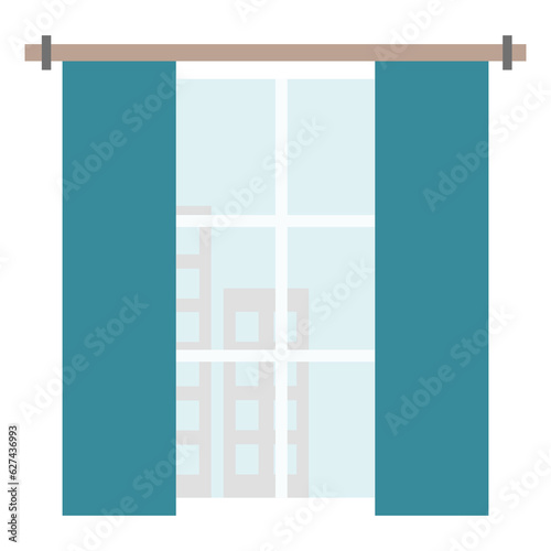 Window with long curtains, view on sky and silhouettes of houses, interior design element, vector