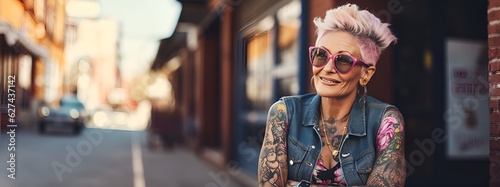 A woman aged 50+ with tattoos stands on the street and. looking to the side, portrait. Banner.