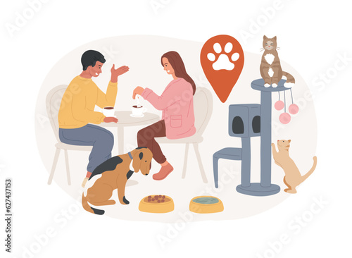 Pet friendly place isolated concept vector illustration. Animals welcome sign, dog friendly restaurant, place to stay with pets, free walking area, shopping, bed and breakfast vector concept.