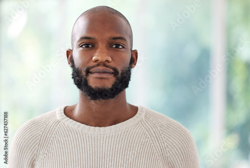 Obraz na plátne Black man with serious face in portrait, vision and confidence with empowerment and mockup space