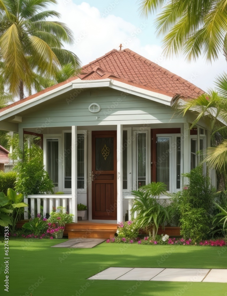 House in the tropics with palm trees and plants. 3D rendering