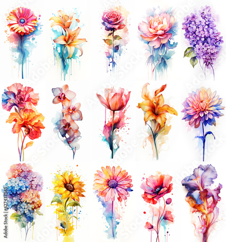 Set of flowers. Colorful watercolor art. Isolated on white background.
