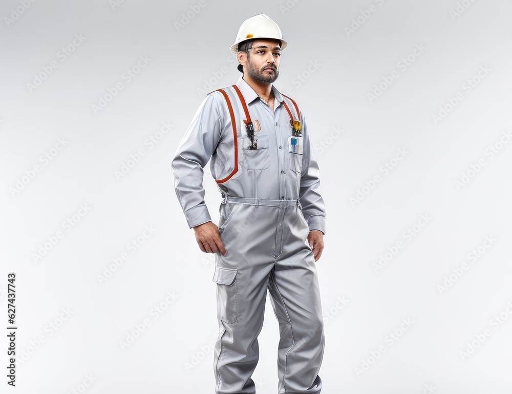 Handsome construction worker in hardhat and overalls on grey background