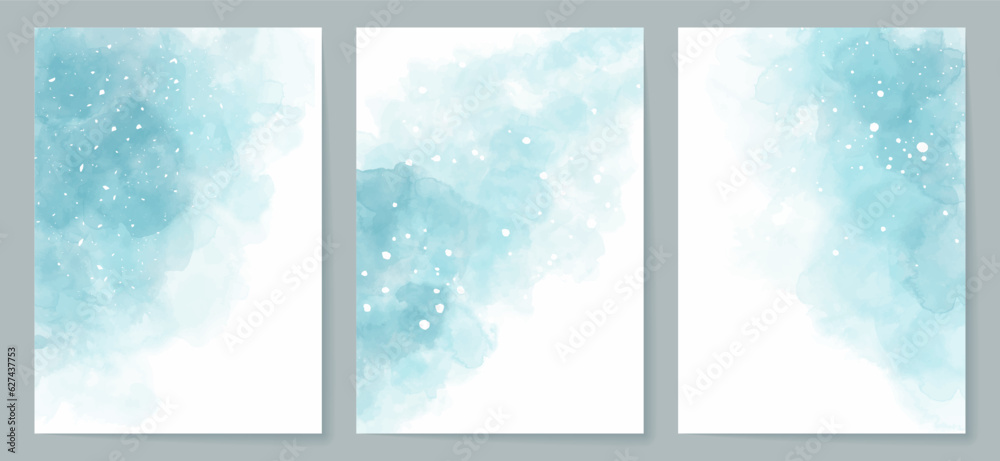 Modern watercolor background, banner or elegant card design for birthday invite, wedding or menu with abstract blue ink splashes. Collection of covers. Vector illustration.