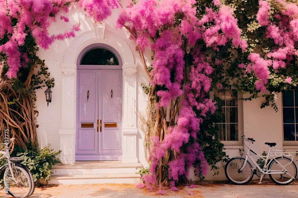 A pink door in front of a white house. Aesthetic building. Generative AI