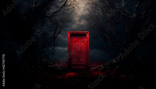 Halloween background with red door in dark forest photo