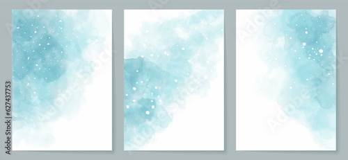 Modern watercolor background, banner or elegant card design for birthday invite, wedding or menu with abstract blue ink splashes. Collection of covers. Vector illustration.