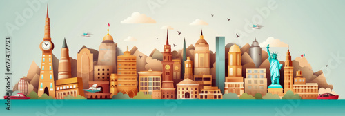 World Landmarks Skyline Silhouette Style, Colorful, Cityscape, Travel and Tourist Attraction - Generative AI