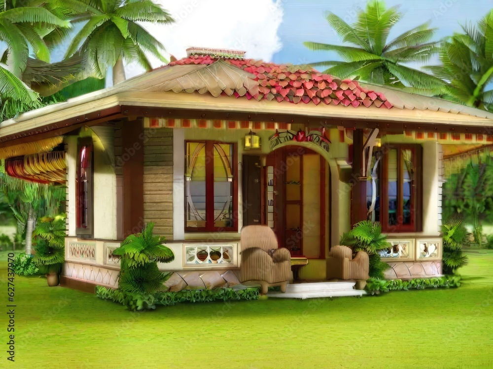 Wooden house in the park on a sunny day. 3d rendering