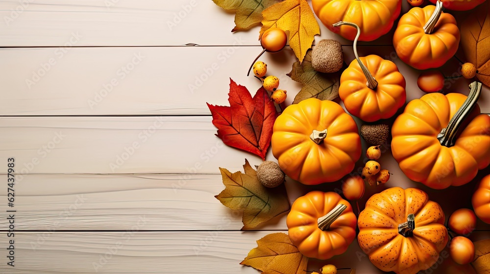 Fototapeta premium Thanksgiving background with pumpkins and autumn leaves