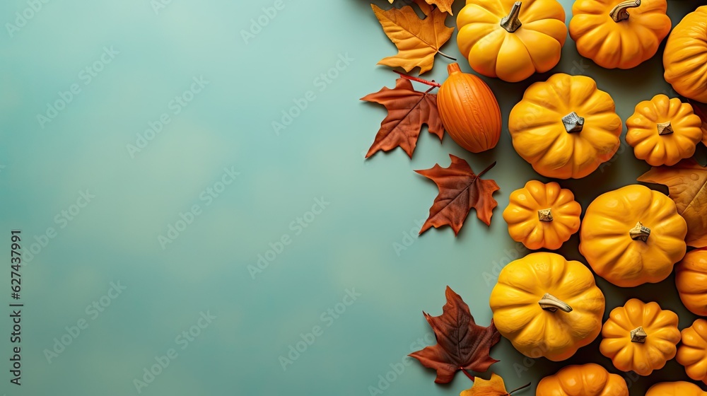 Fototapeta premium Thanksgiving background with pumpkins and autumn leaves