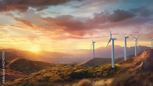 Wind turbines in the background of sunset, green energy concept, electricity generation, generative AI