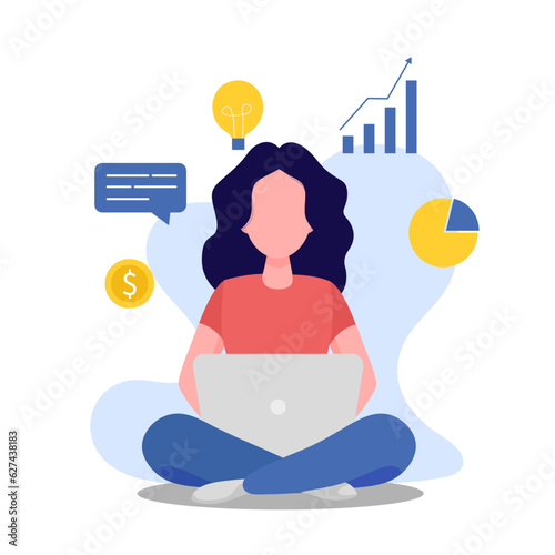 A woman with long wavy hair sitting and working on the computer. Vector illustration in flat style. Isolated on white background.