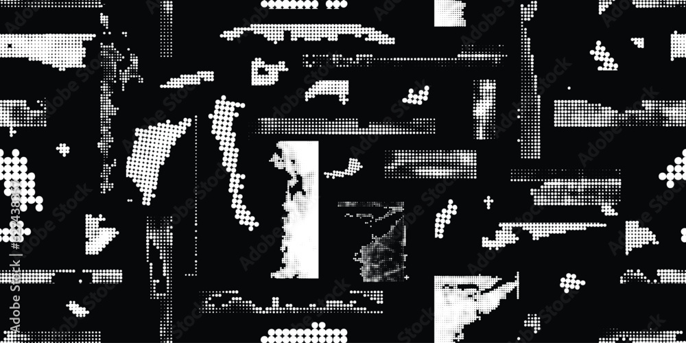 Obraz premium Glitch distorted grungy abstract forms . Blob shape organic seamless pattern texture. Fluid shapes .Grunge textured . Liquid vector shapes with halftone dots .Screen print endless pattern texture
