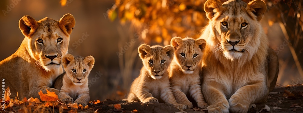 group of animals . Family of lions. Lion, lioness and lion cubs. Banner - obrazy, fototapety, plakaty 