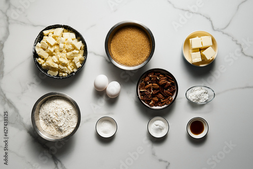 Blondie ingredients on white marble background. White chocolate with sugar and butter, eggs. Vanilla extract and flour. Top view