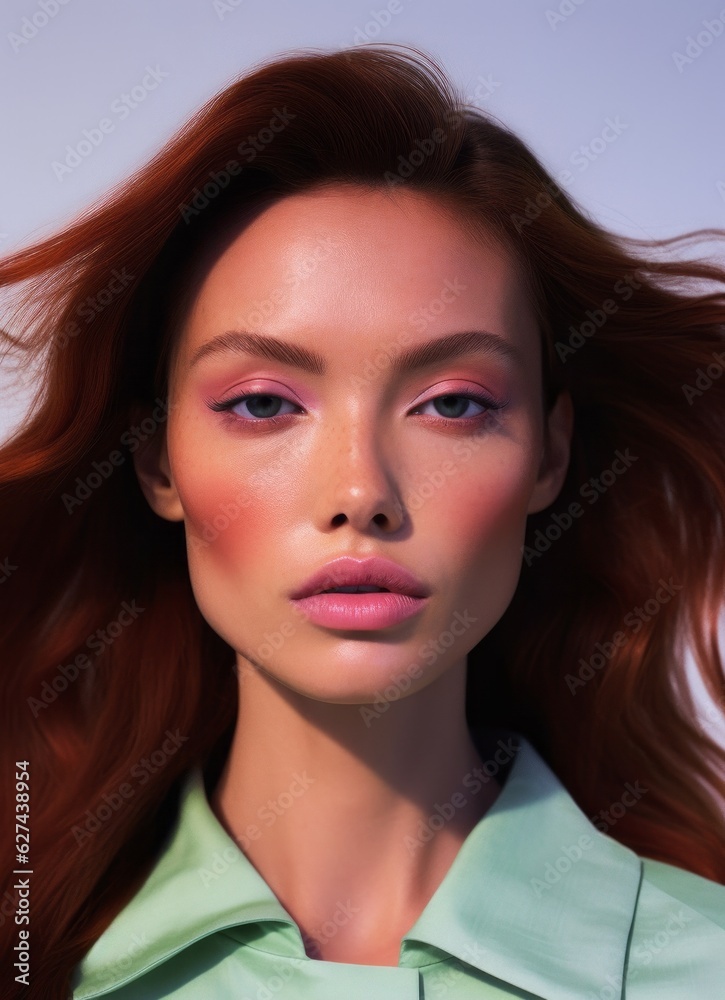 This surreal, futuristic portrait of a beautiful woman with red hair, pink makeup, full lips, arched eyebrows, long eyelashes, flawless skin, and a bold fashion statement is sure to evoke a feeling o This surreal, futuristic portrait of a beautiful woman with red hair, pink makeup, full lips, arched eyebrows, long eyelashes, flawless skin, and a bold fashion statement is sure to evoke a feeling o