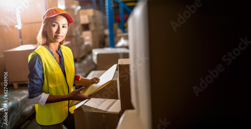 Female worker in a warehouse, woman in high visibility vest, blurred shelves stacks background. Generative AI