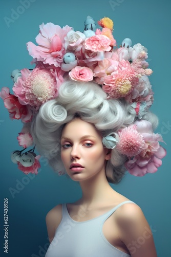In an enigmatic, surrealistic portrait, a beautiful woman with a futuristic headpiece of flowers captivates the viewer with her unique fashion sense, creating an unforgettable indoor scene