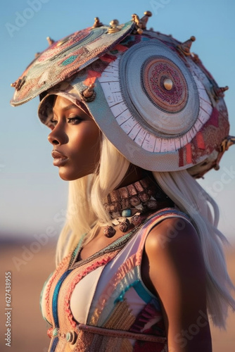 A beautiful, surreal portrait of a woman wearing a futuristic hat, her clothing illuminated by the sun, against a sky filled with fashion and possibility photo