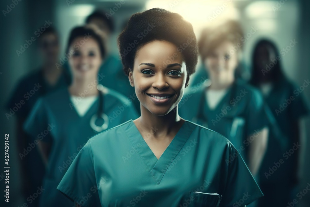 Portrait of a young nursing student standing with her team in hospital, dressed in scrubs, Woman doctor intern. High quality photo