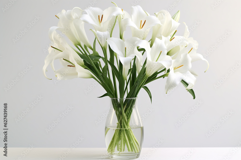 Bouquet of white calla flowers in a glass vase on a white background Bouquet of white calla flowers in a glass vase on a white background