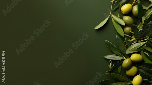 Foto Green olives with leaves on dark green background wirh copy space
