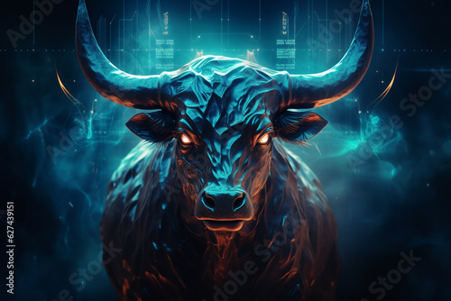 Blue digital bull stock market concept