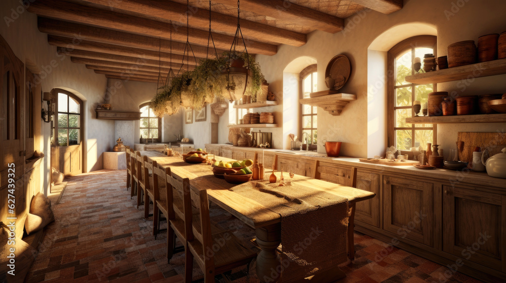 A kitchen-dining room combo with a long table and statement lighting, in the style of farmhouse rustic, warm neutrals, Italian countryside inspiration. Generative AI