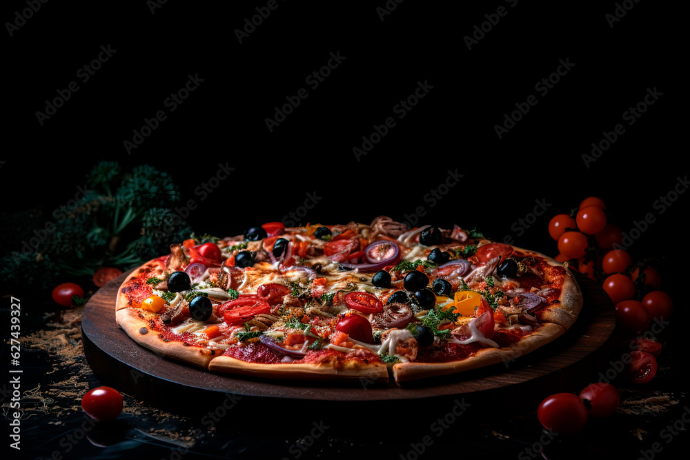 Appetizing pizza with tomatoes, olives and sausage. Generative AI