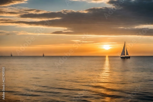 "A sailboat glides gracefully through vibrant hues, silhouetted against the setting sun's fiery embrace."