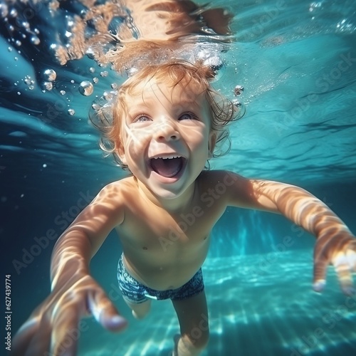 Glückliches Kind, das unter Wasser schwimmt und Spaß hat. Glückliche Kindheit und Sommerferien.