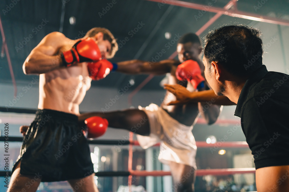 Fototapeta premium MMA or Thai Boxing match, Two professional fighters punching or boxing, Fit muscular caucasian athletes or boxers fighting, Sport competition and human emotions, Gym atmosphere background