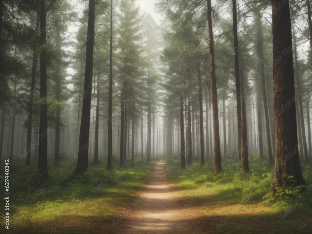 Image depicting a dirt road running through a scenic, misty forest landscape. Created with generative AI tools Image depicting a dirt road running through a scenic, misty forest landscape. Created with generative AI tools