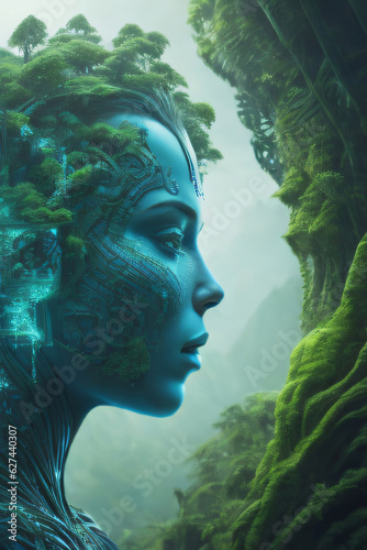 A detailed close-up of a woman's face, depicting the theme of unity between mankind and nature. Created with generative AI tools © Oleksii